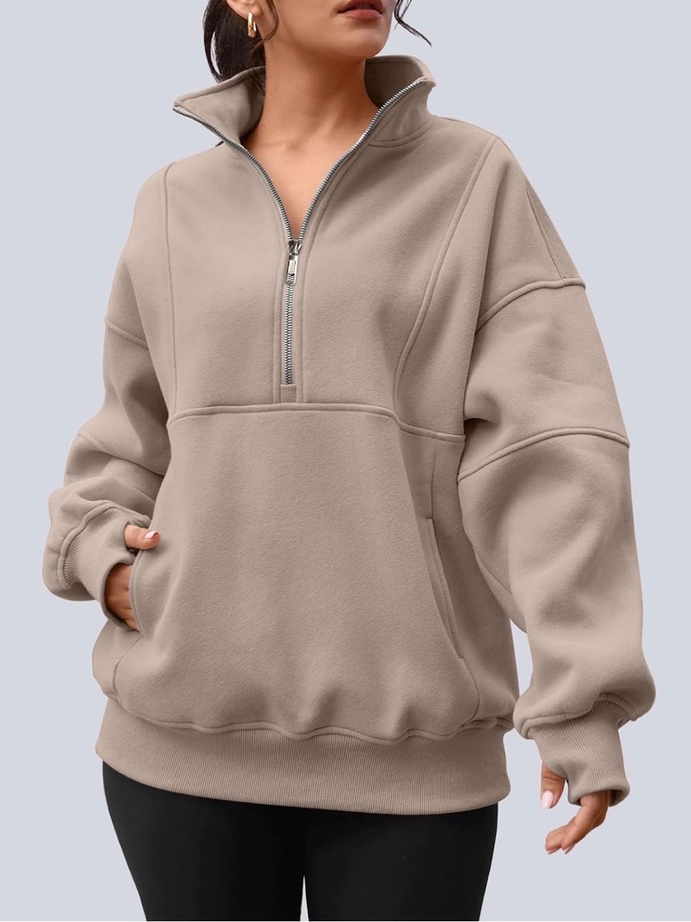 Women's Half-Zip Fleece OversizedPullover Sweatshirt - Beige - Automet Size: XL